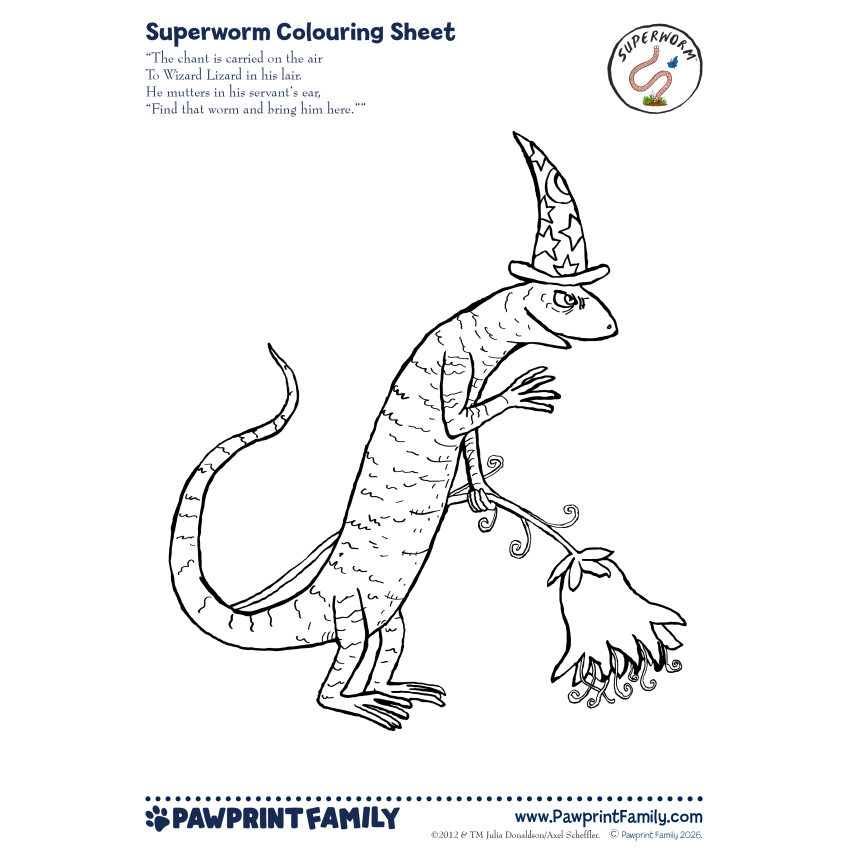 Photograph: Superworm Colouring Sheet - Wizard Lizard