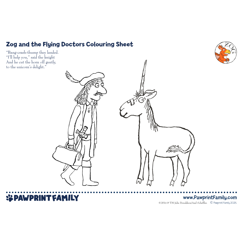 Photograph: Zog and the Flying Doctors Colouring Sheet - Gadabout and Unicorn
