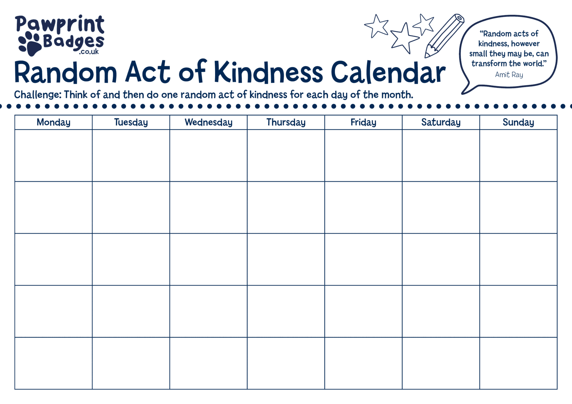 Random Acts of Kindness Calendar | Pawprint Family