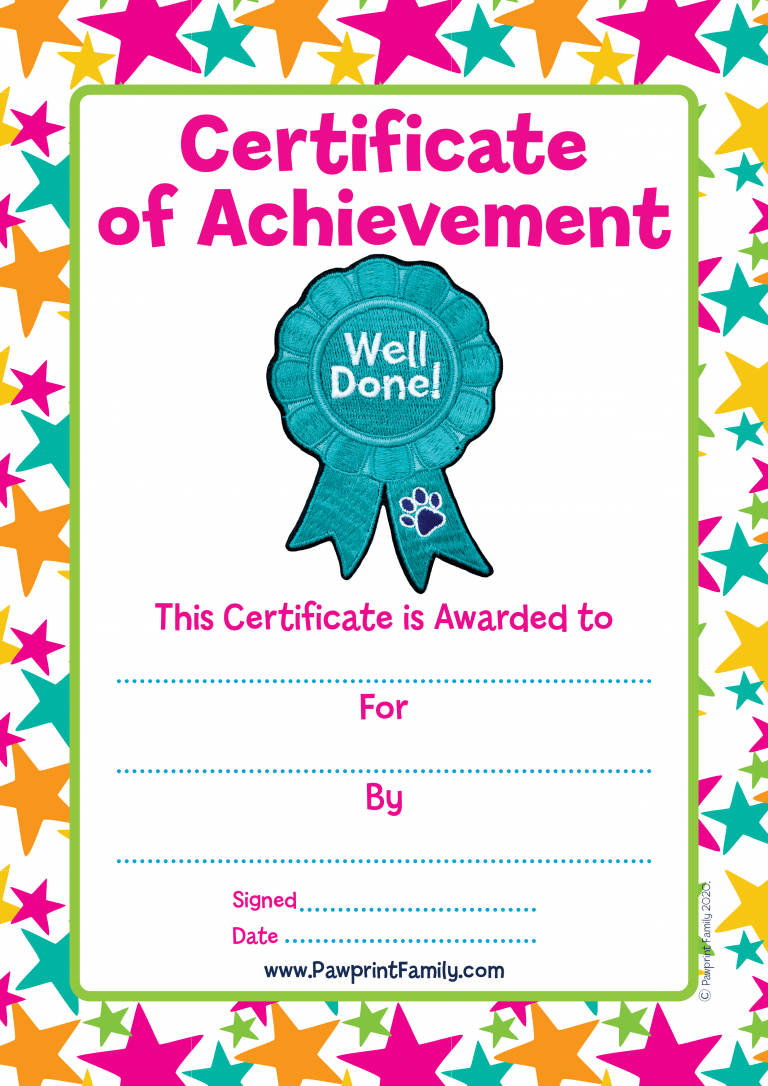 Certificate - Well Done - Teal - Pawprint Family