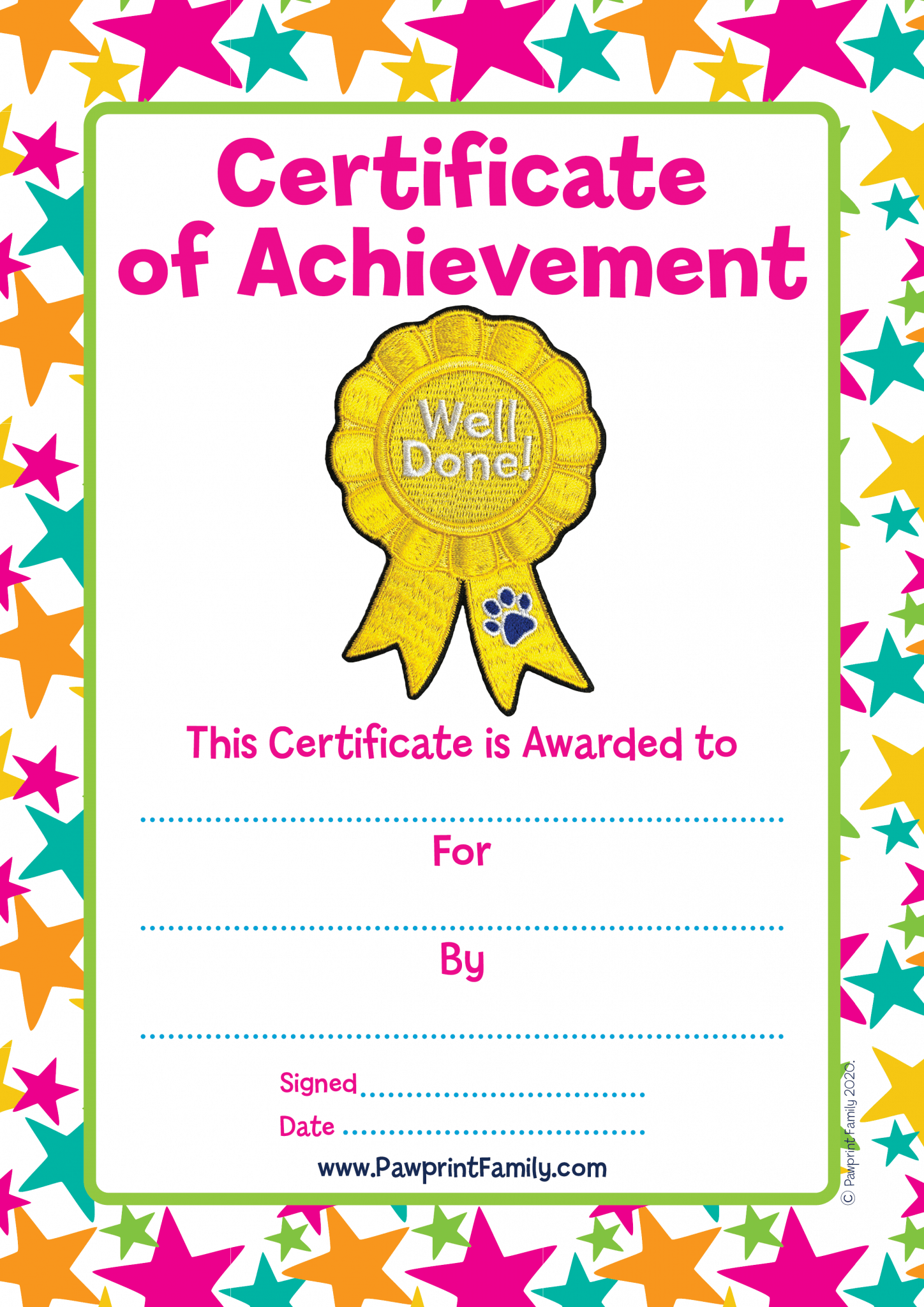 Certificate - Well Done - Yellow - Pawprint Family