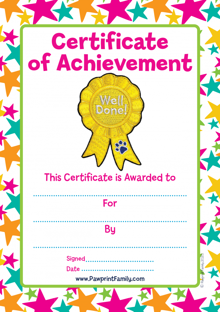 Certificate - Well Done - Yellow - Pawprint Family