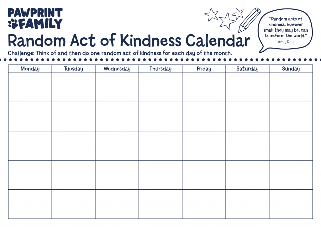 Random Acts of Kindness Calendar Pawprint Family