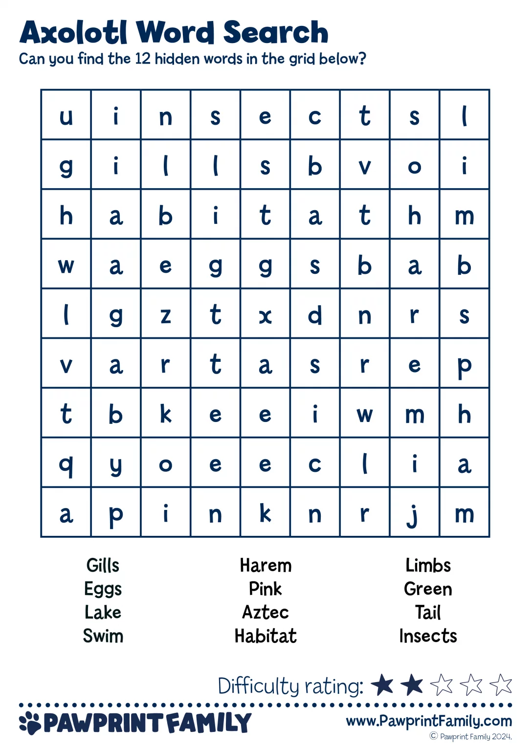 Word Searches - Axolotl - Pawprint Family